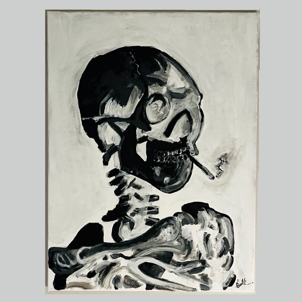 (Negative) Skull with Burning Cigarette ( 18 x 24 | Acrylic on Canvas, 2024)